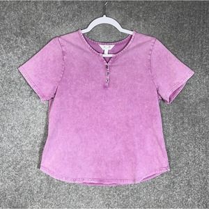 Jillian N Acid‎ Wash Distressed Popover Top Womens Size PM Medium Petite Pink